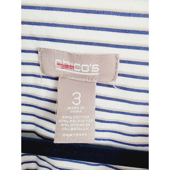 Chico's 3 White/Blue Striped Blouse Button Down XL Silver Metallic Accent Stripe - Picture 4 of 6